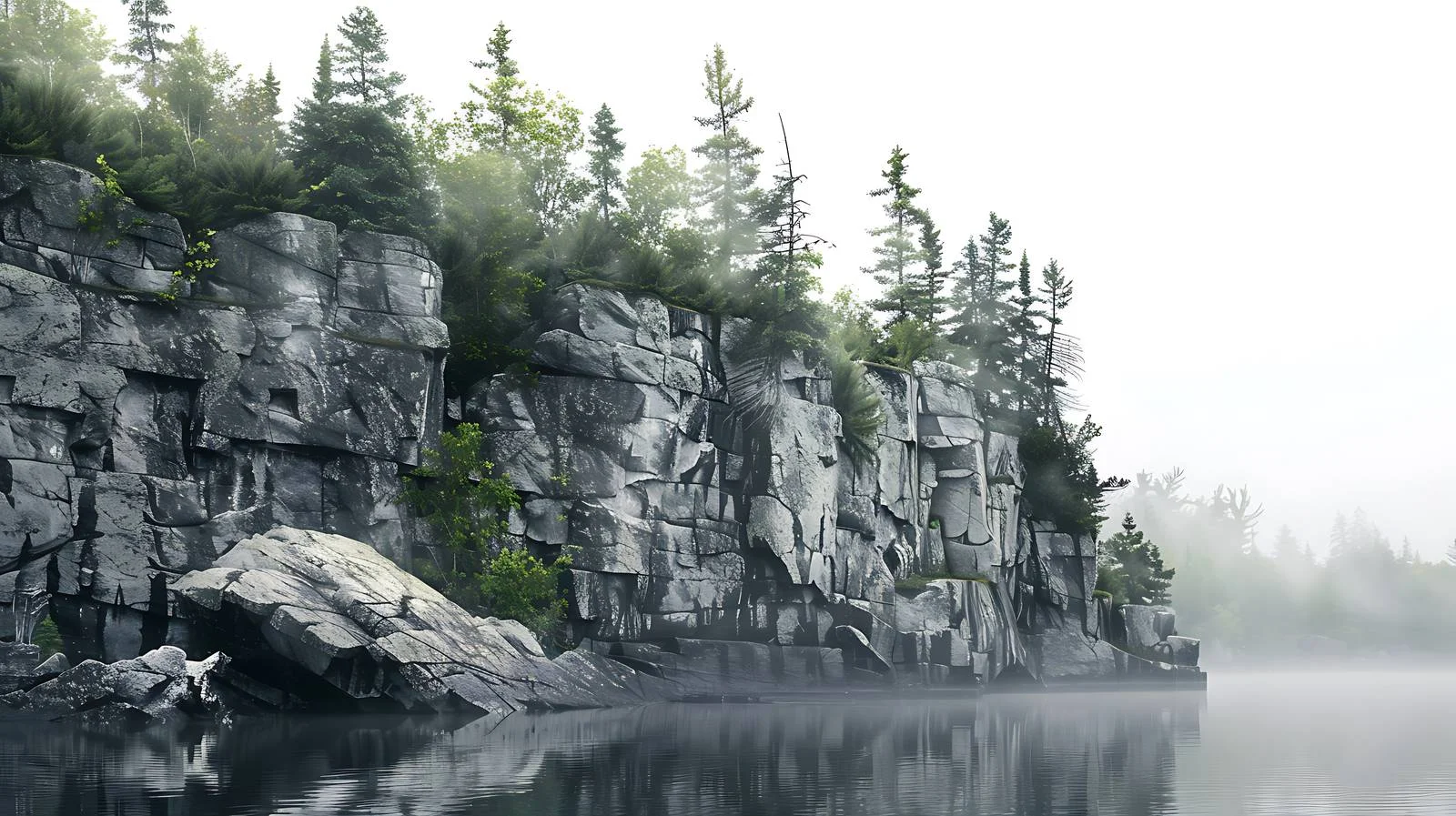 Majestic granite cliff and misty lake — free download from Dotvec