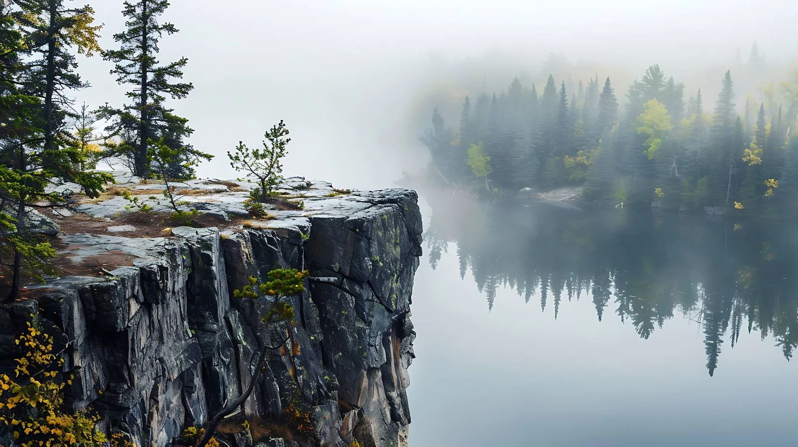 Majestic Granite Cliff and Misty Lake Overlook — free download from Dotvec
