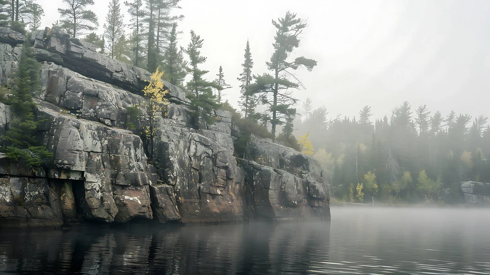 Majestic granite cliff and misty lake — free download from Dotvec