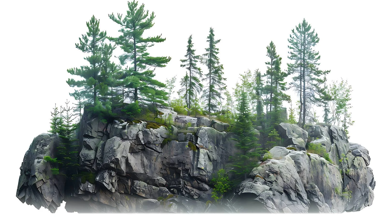 Misty Morning Pine Trees on Granite Outcropping – free outcropping image from Dotvec