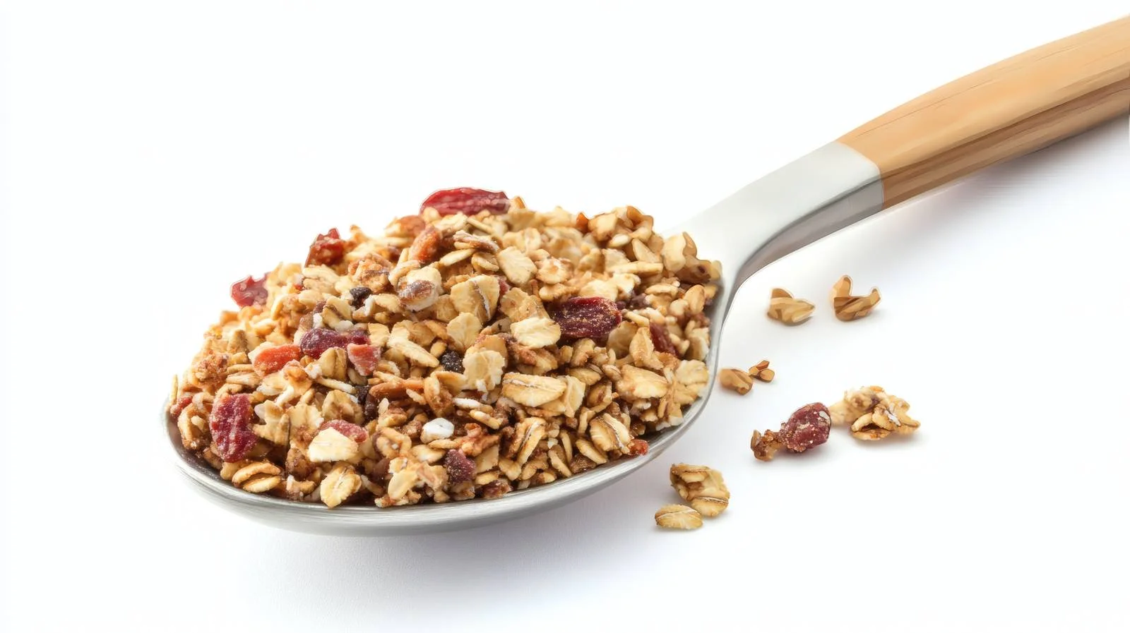 Crunchy granola on spoon over white — free download from Dotvec