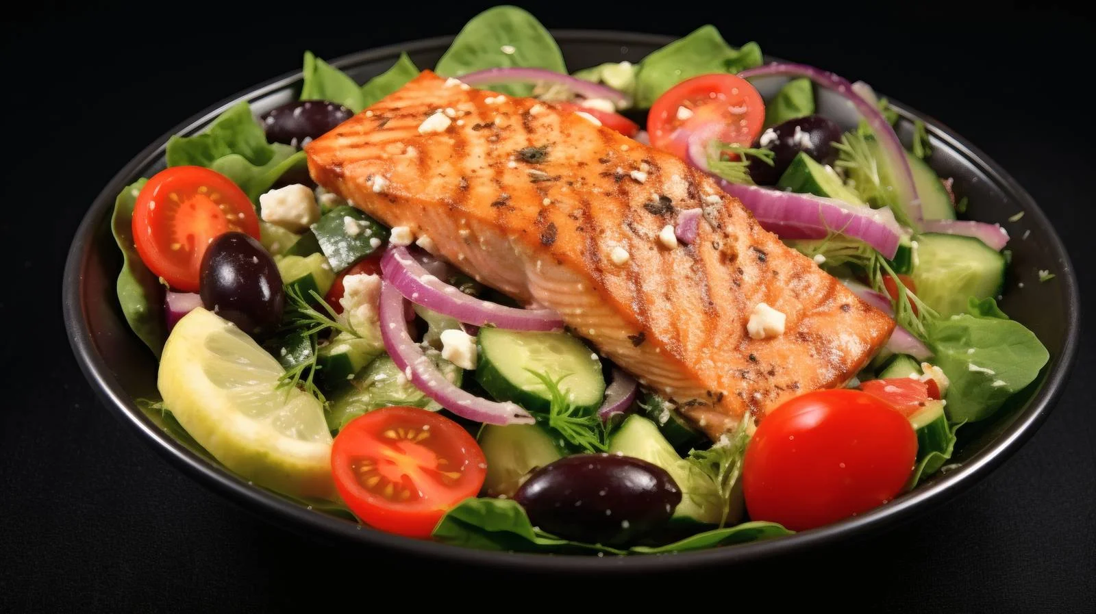 Mediterranean Greek Salad with Salmon Steak — free download from Dotvec