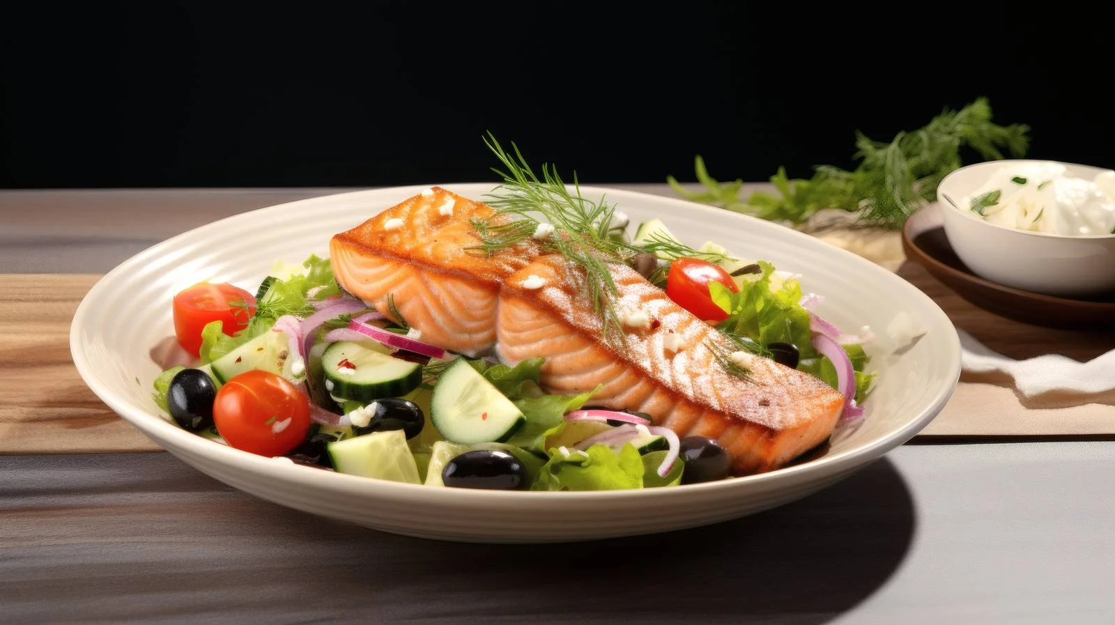Mediterranean salad with salmon steak, isolated white — free download from Dotvec