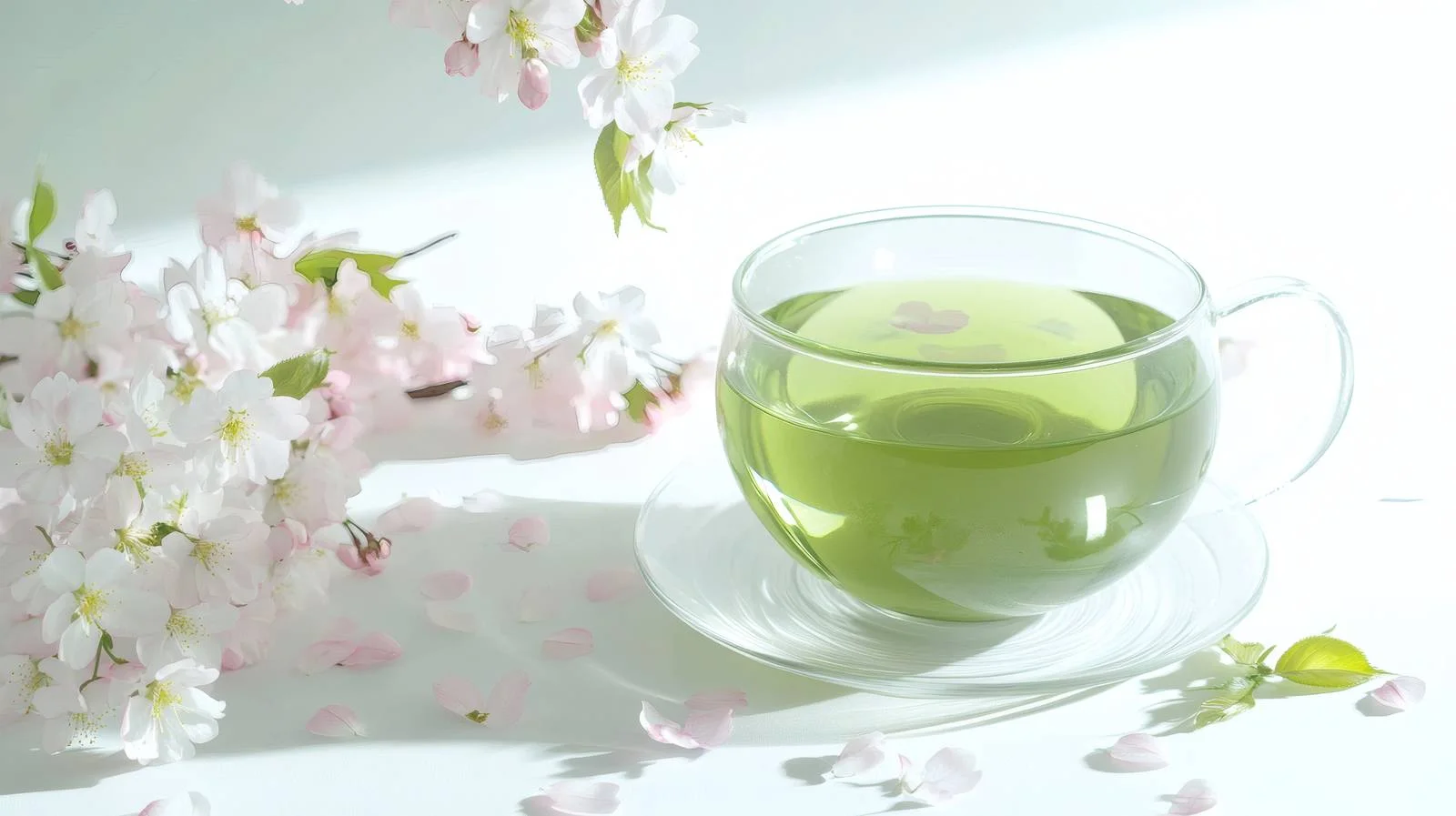 Elegant Green Tea and Cherry Blossom on White — free download from Dotvec
