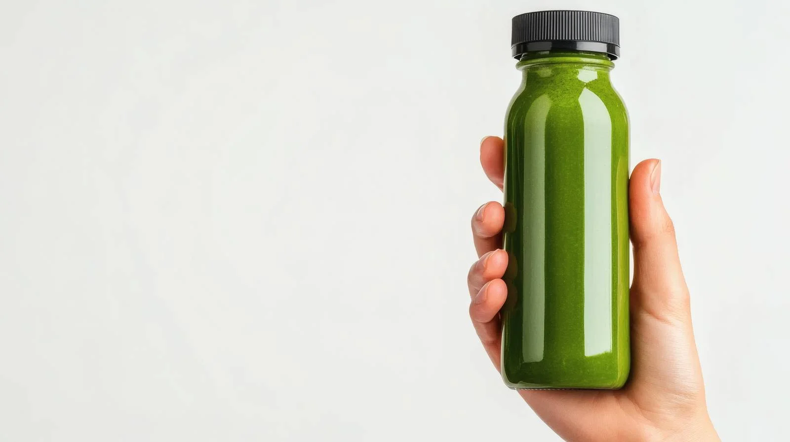 Hand holding green smoothie bottle on white — free download from Dotvec