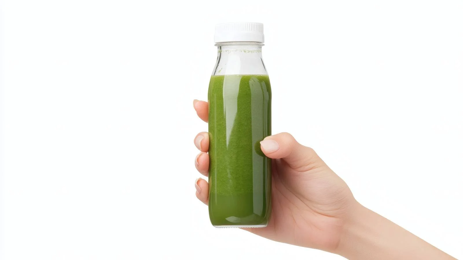 Refreshing green smoothie bottle held, white background — free download from Dotvec