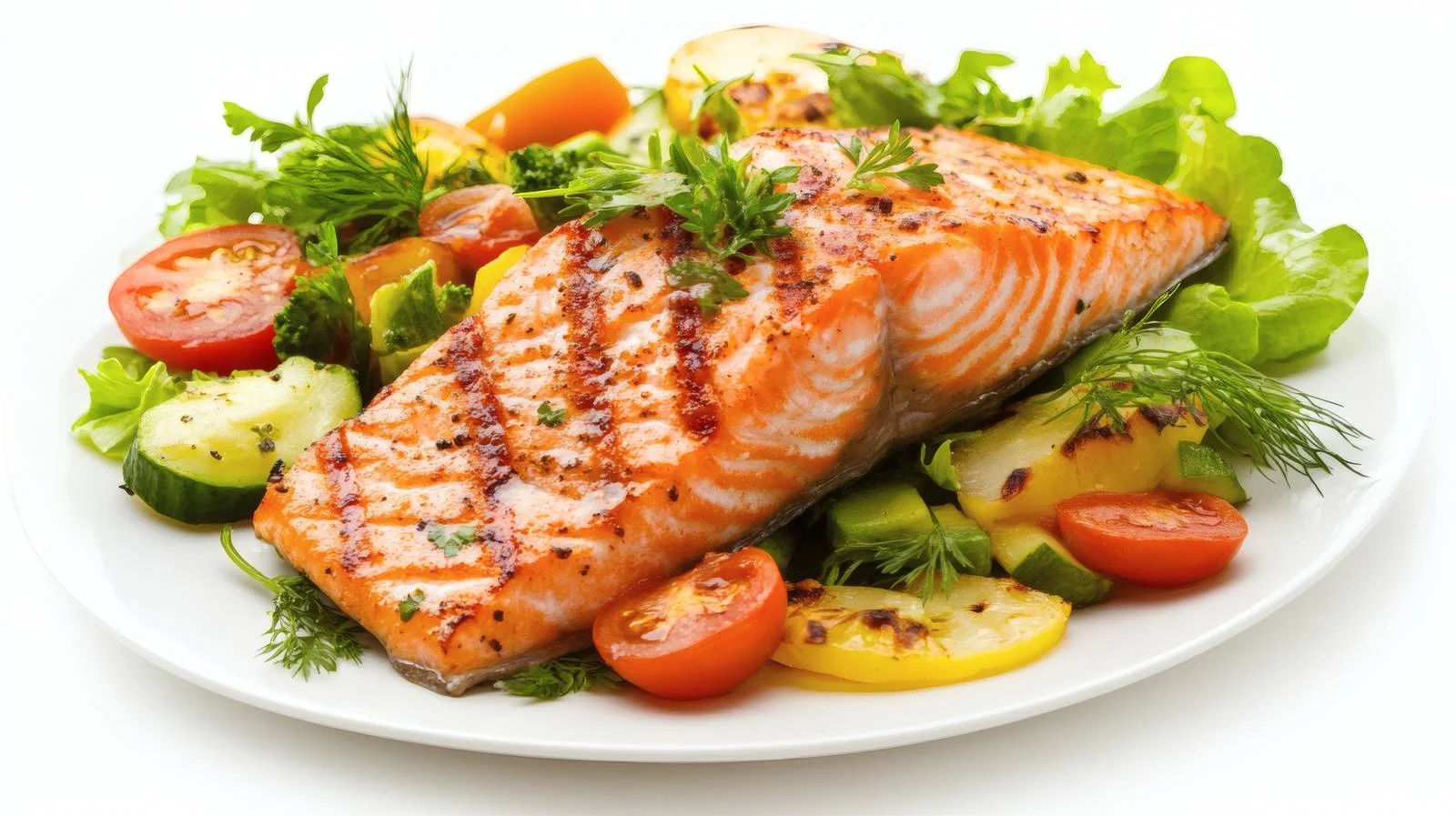 Grilled Salmon and Veggie Salad on White — free download from Dotvec
