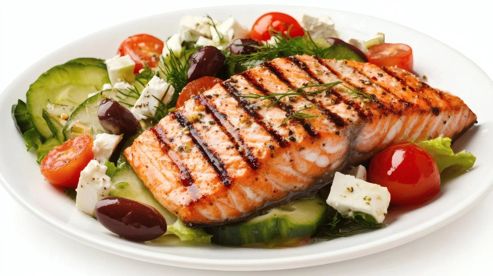 Succulent Grilled Salmon Steak with Fresh Greek Salad — free download from Dotvec