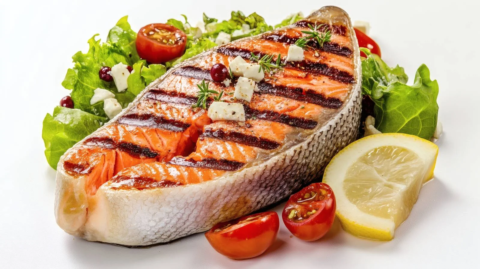 Gourmet Grilled Salmon Steak and Greek Salad — free download from Dotvec