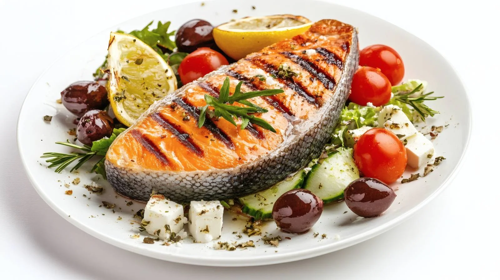 Savory Grilled Salmon Steak Greek Salad — free download from Dotvec
