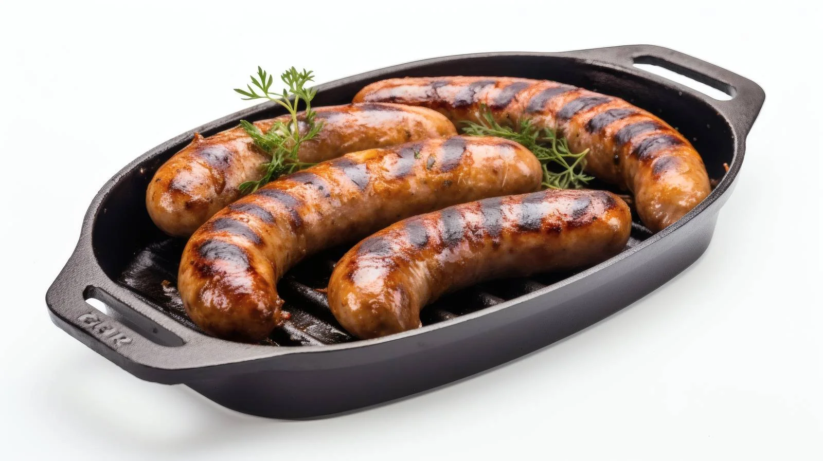 Sizzling grilled sausages on cast iron — free download from Dotvec