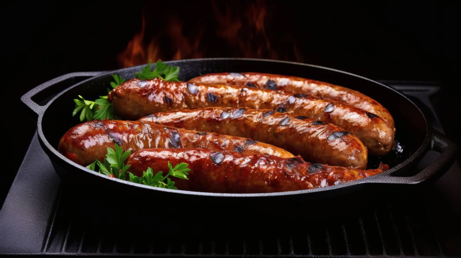 Sizzling grilled sausages on cast-iron pan — free download from Dotvec
