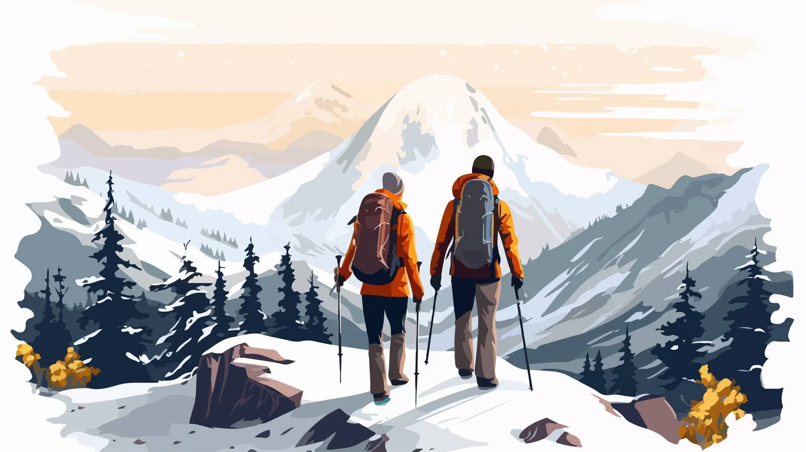 Cartoon backpackers hiking snowy mountain trail — free download from Dotvec