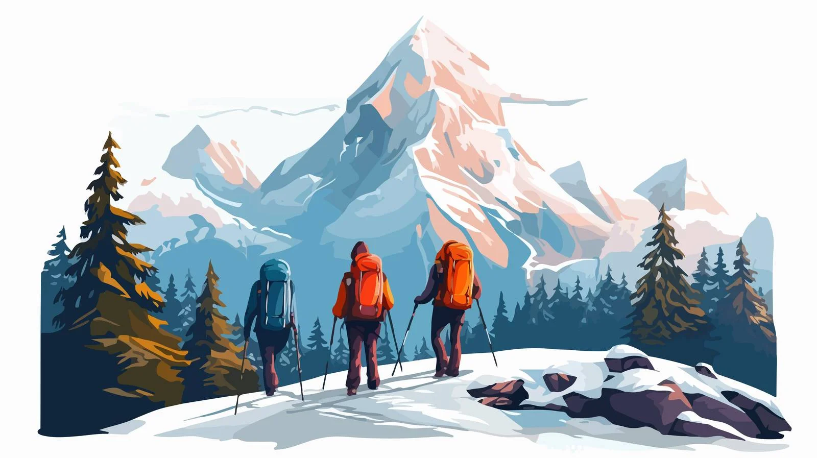 Winter Cartoon Backpackers Trekking on Mountain — free download from Dotvec
