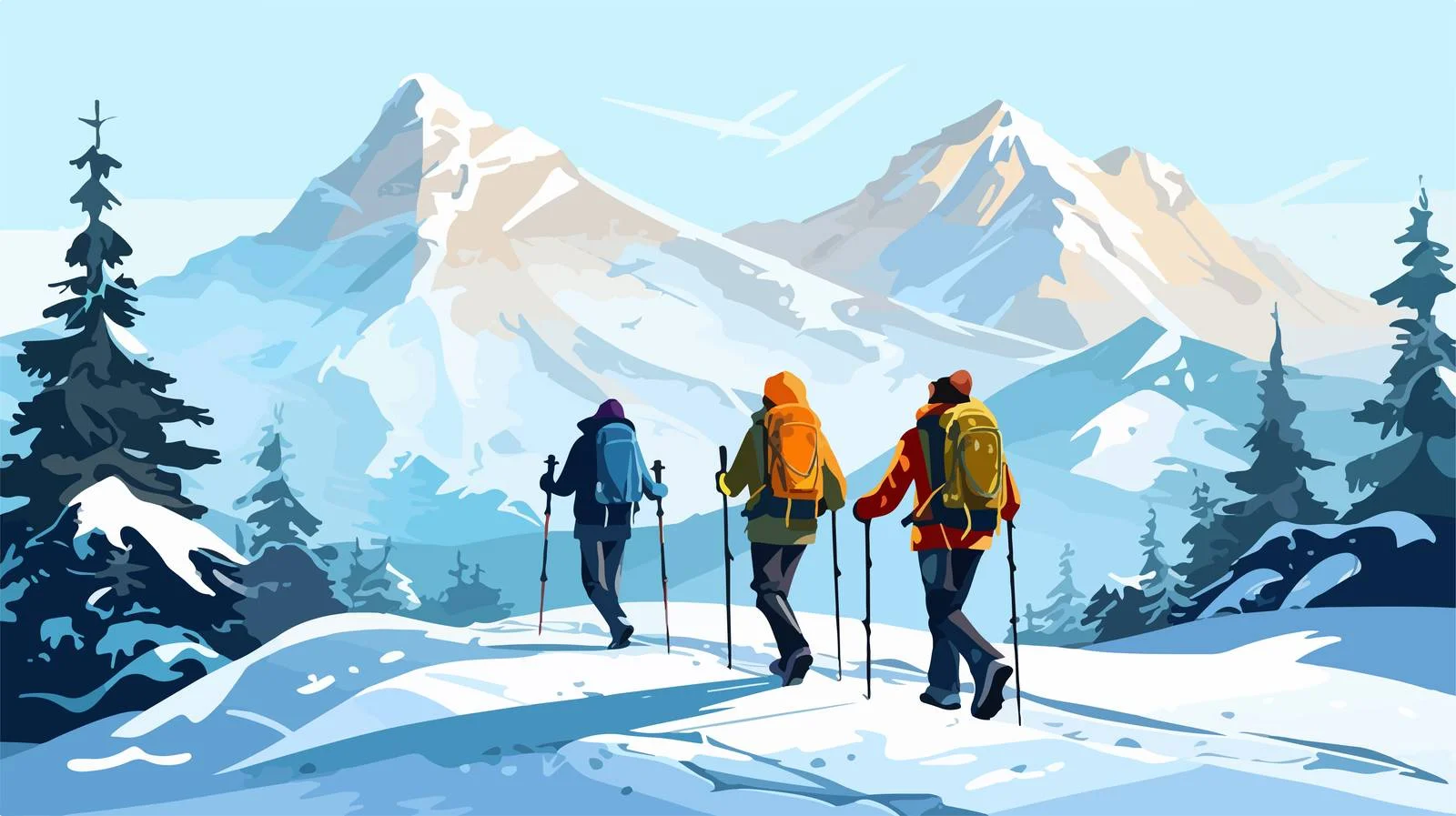 Illustrated Group Hiking Snowy Mountain Trail — free download from Dotvec