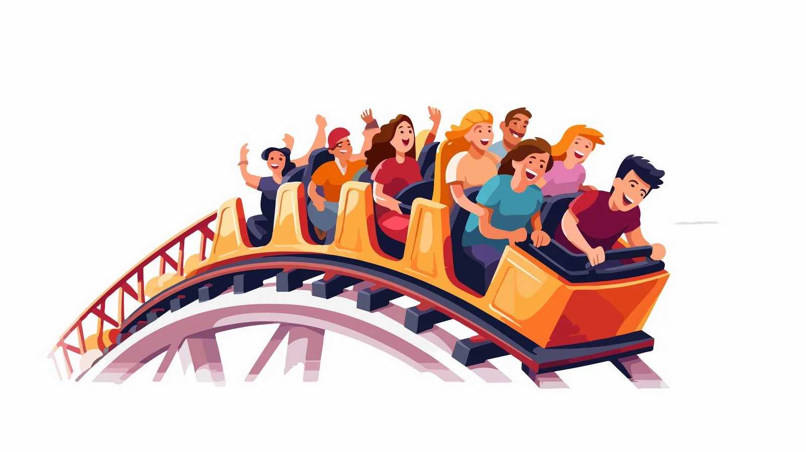Cheerful cartoon group riding colorful roller coaster — free download from Dotvec