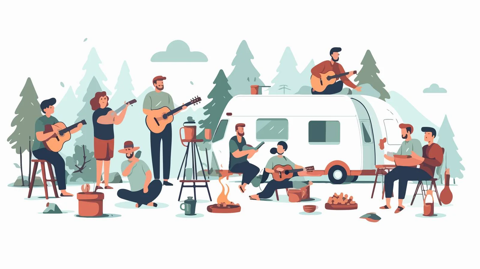 Diverse individuals unwind at campsite illustration — free download from Dotvec