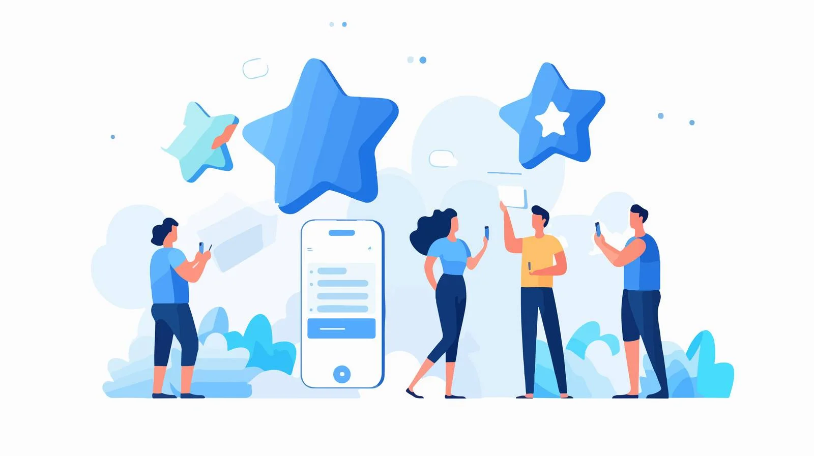 Happy group giving 5-star rating with giant star — free download from Dotvec