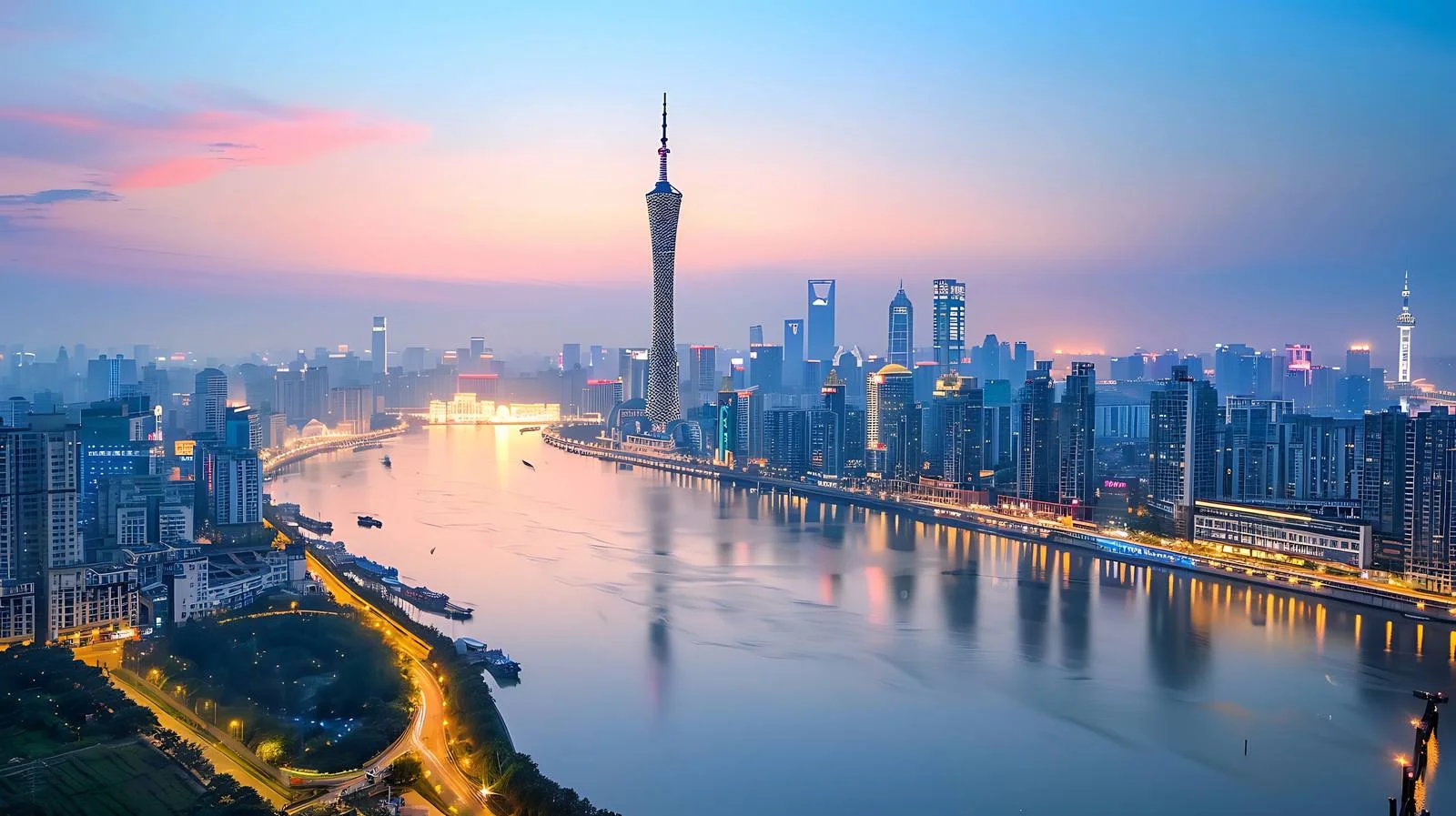 Urban skyline of Guangzhou at dusk — free download from Dotvec