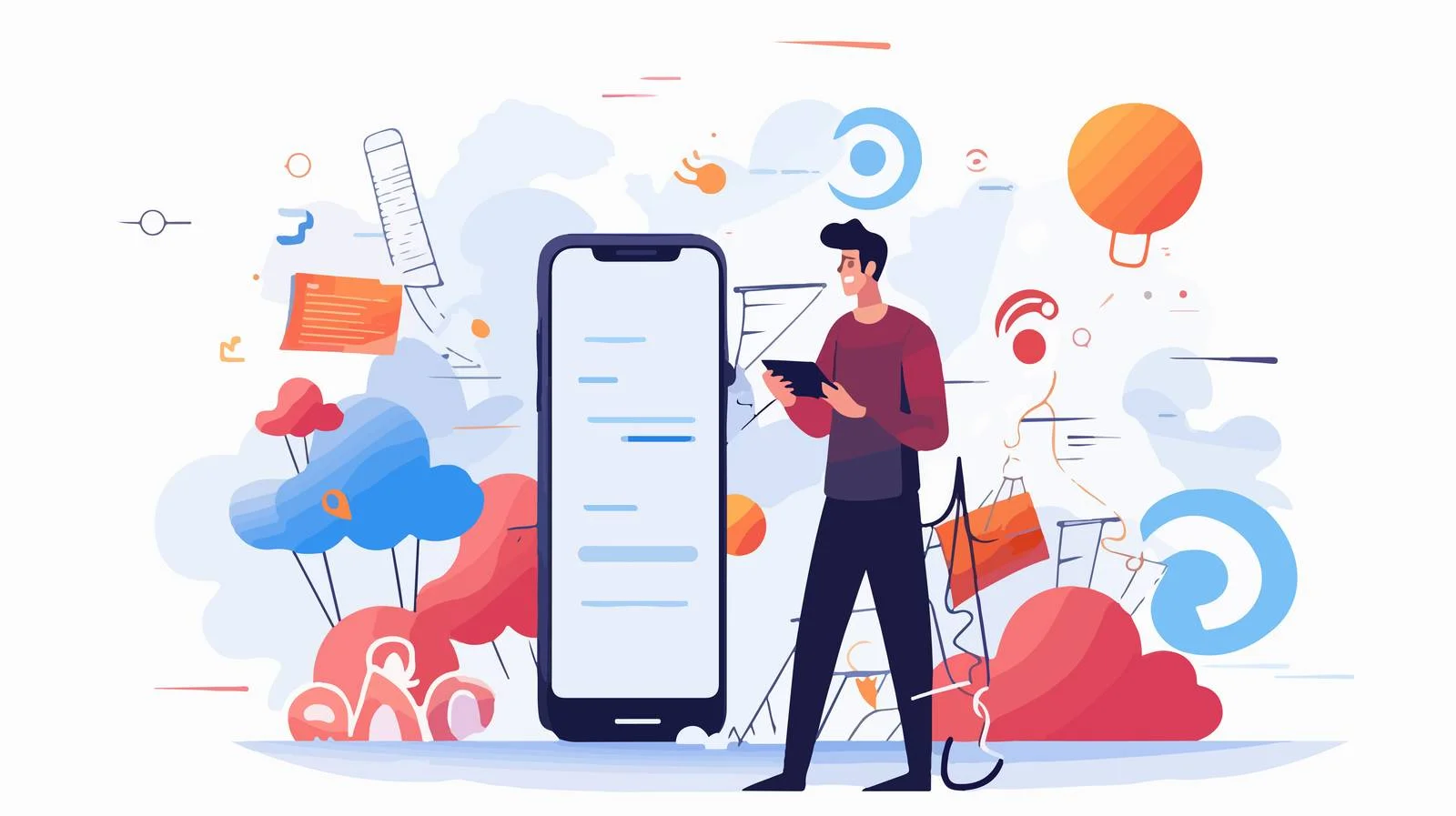 Man gazes at large mobile phone amid swirling debris — free download from Dotvec