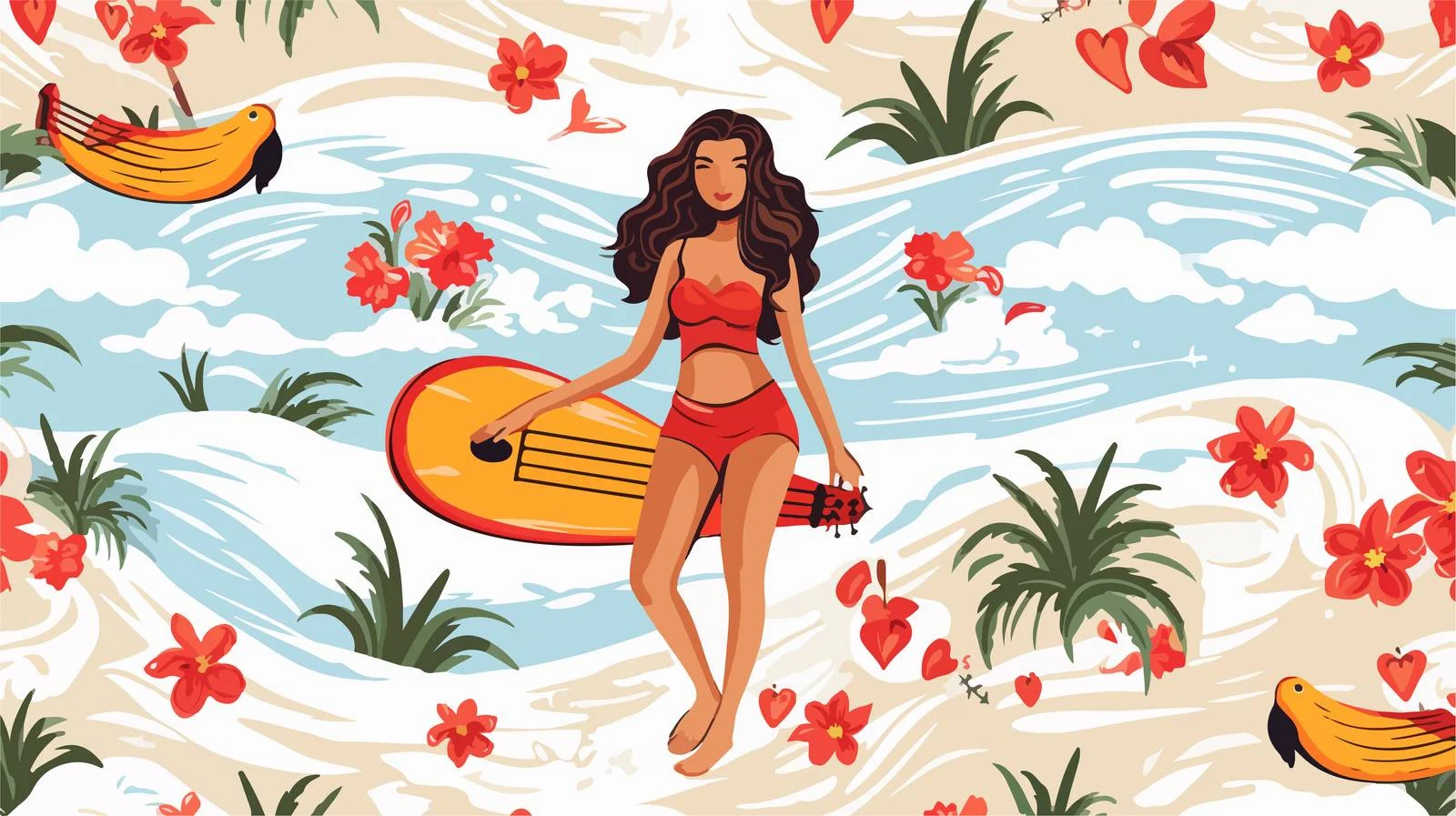 Surfer Woman Sun Seamless Pattern — free download from Dotvec