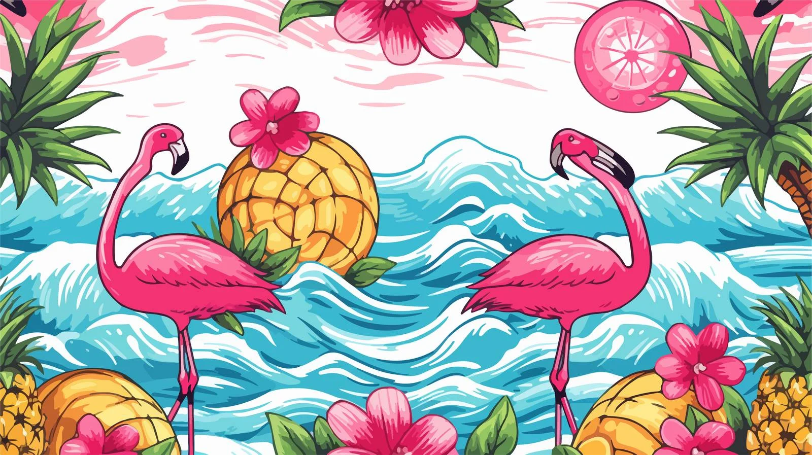 Hand-drawn Waves Sun Pineapple Pattern — free download from Dotvec