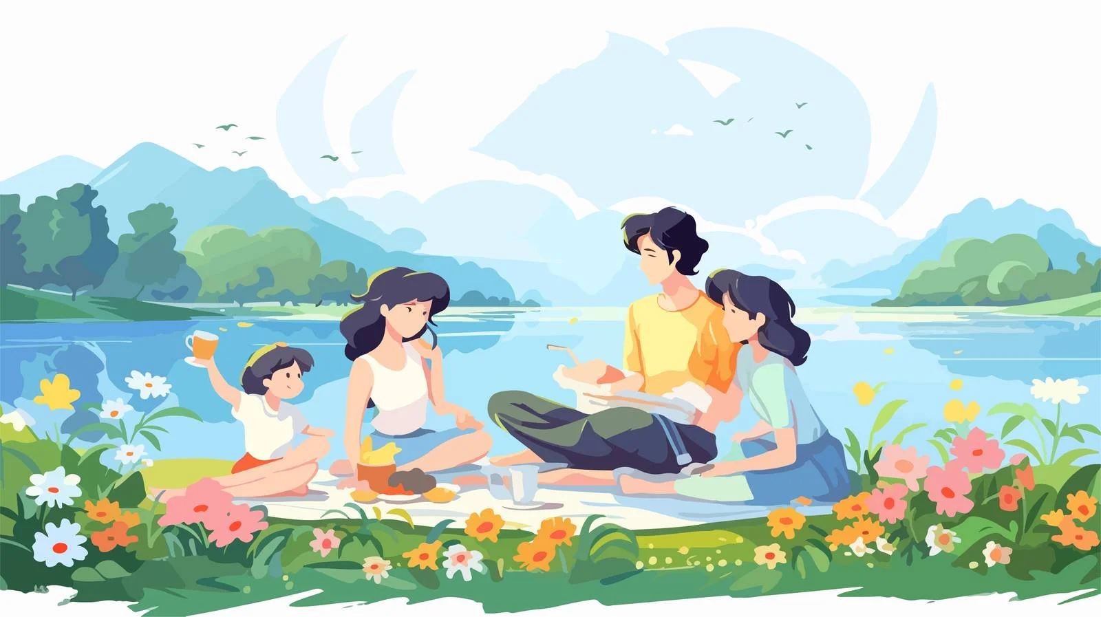 Joyful Asian family enjoying nature picnic — free download from Dotvec