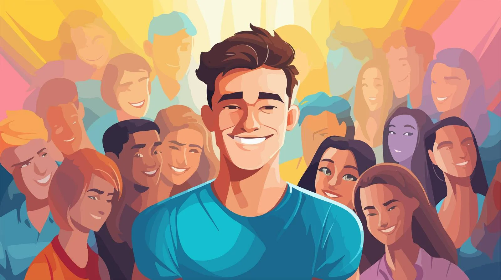 Joyful young man amidst despondent individuals — free download from Dotvec