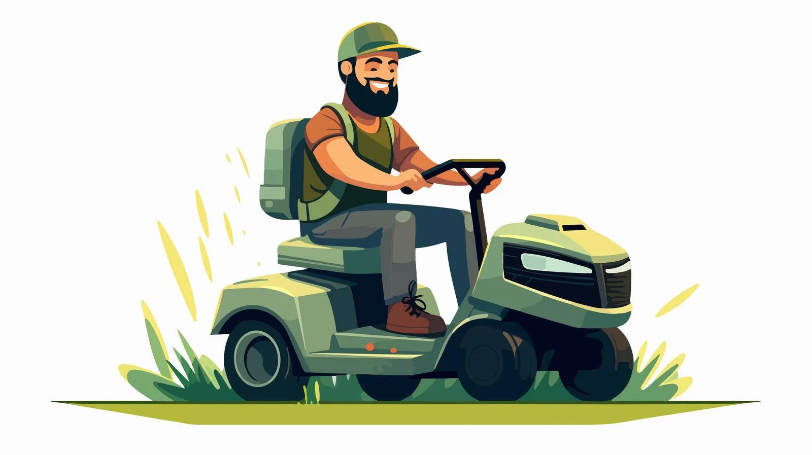 Joyful bearded man on lawnmower — free download from Dotvec