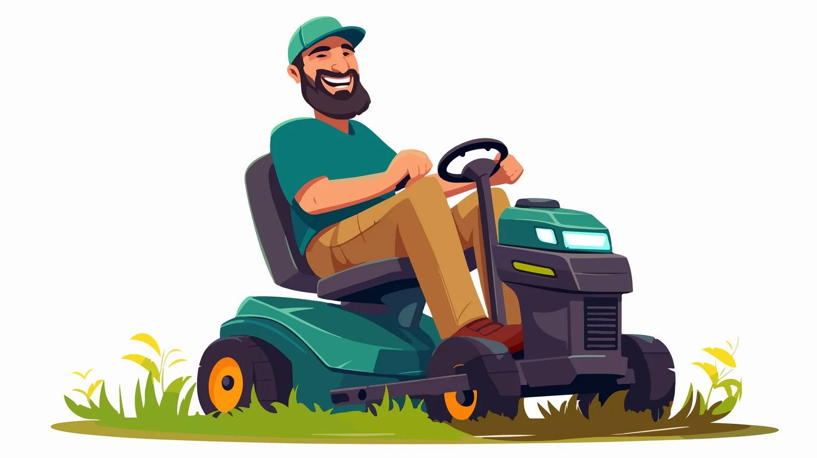 Cheerful bearded man relaxes on lawnmower — free download from Dotvec
