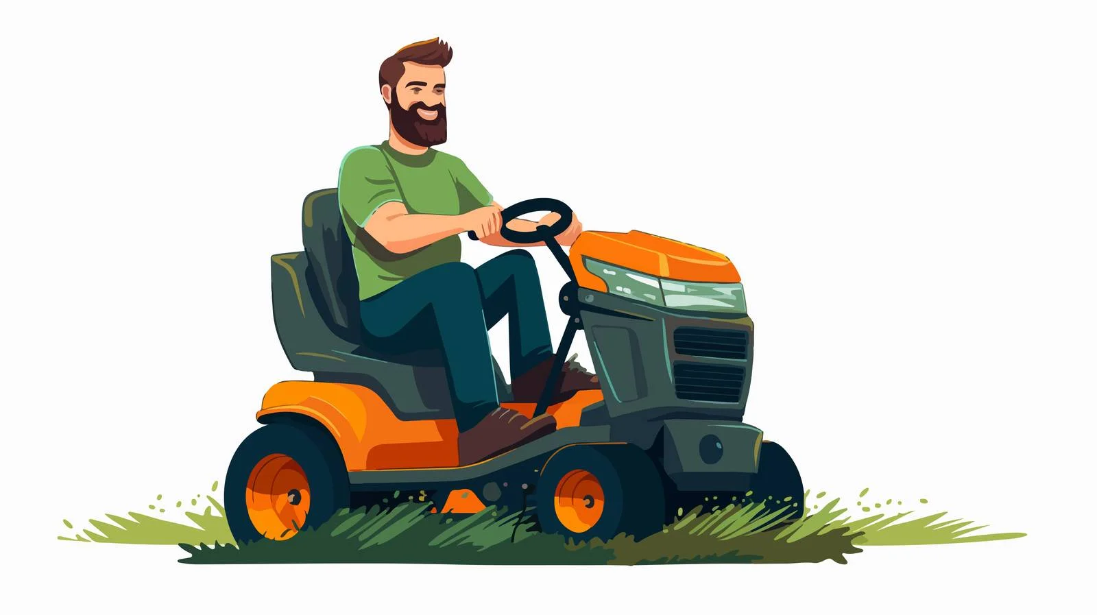 Joyful bearded man on lawnmower — free download from Dotvec