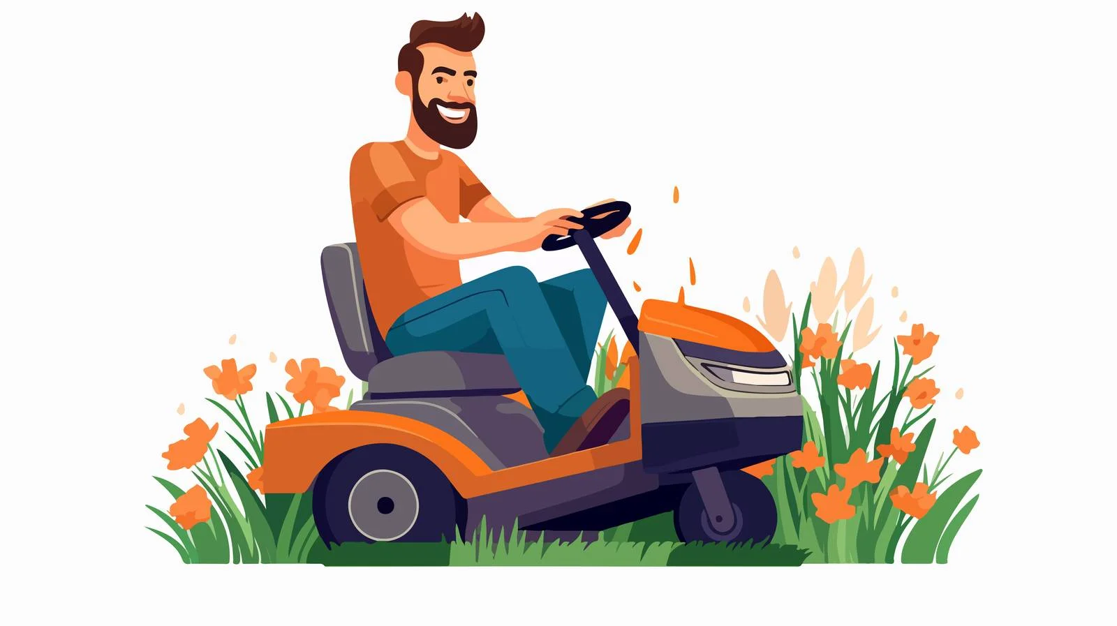 Cheerful bearded man on lawnmower outdoors — free download from Dotvec
