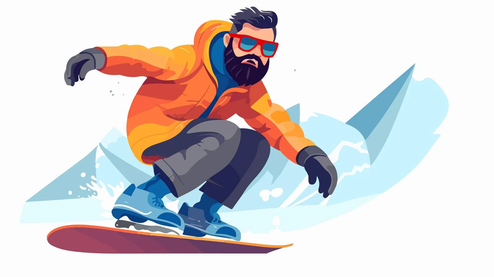 Cheerful bearded man snowboarding in outdoor gear — free download from Dotvec