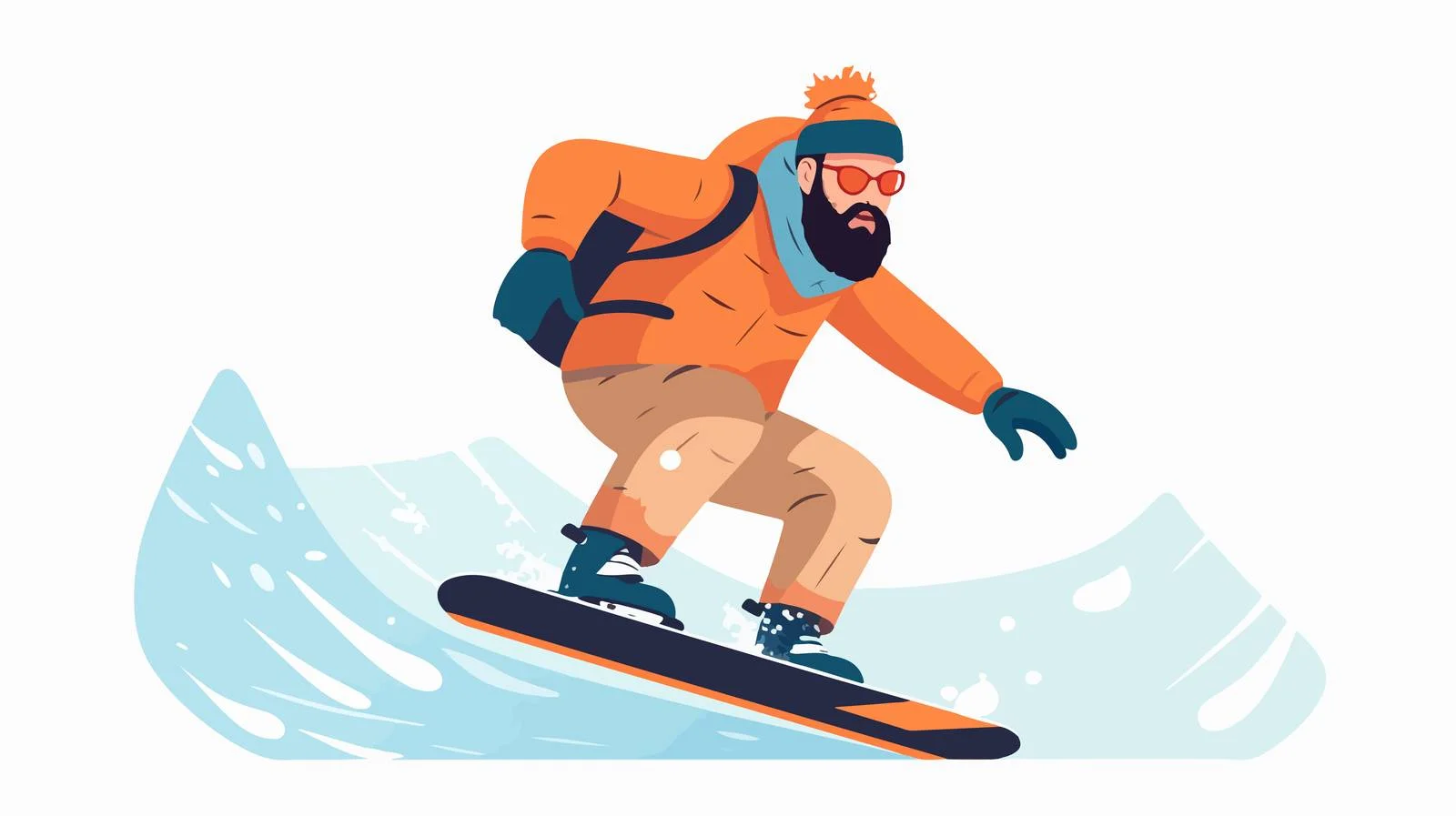 Cheerful bearded snowboarder carving through snow — free download from Dotvec
