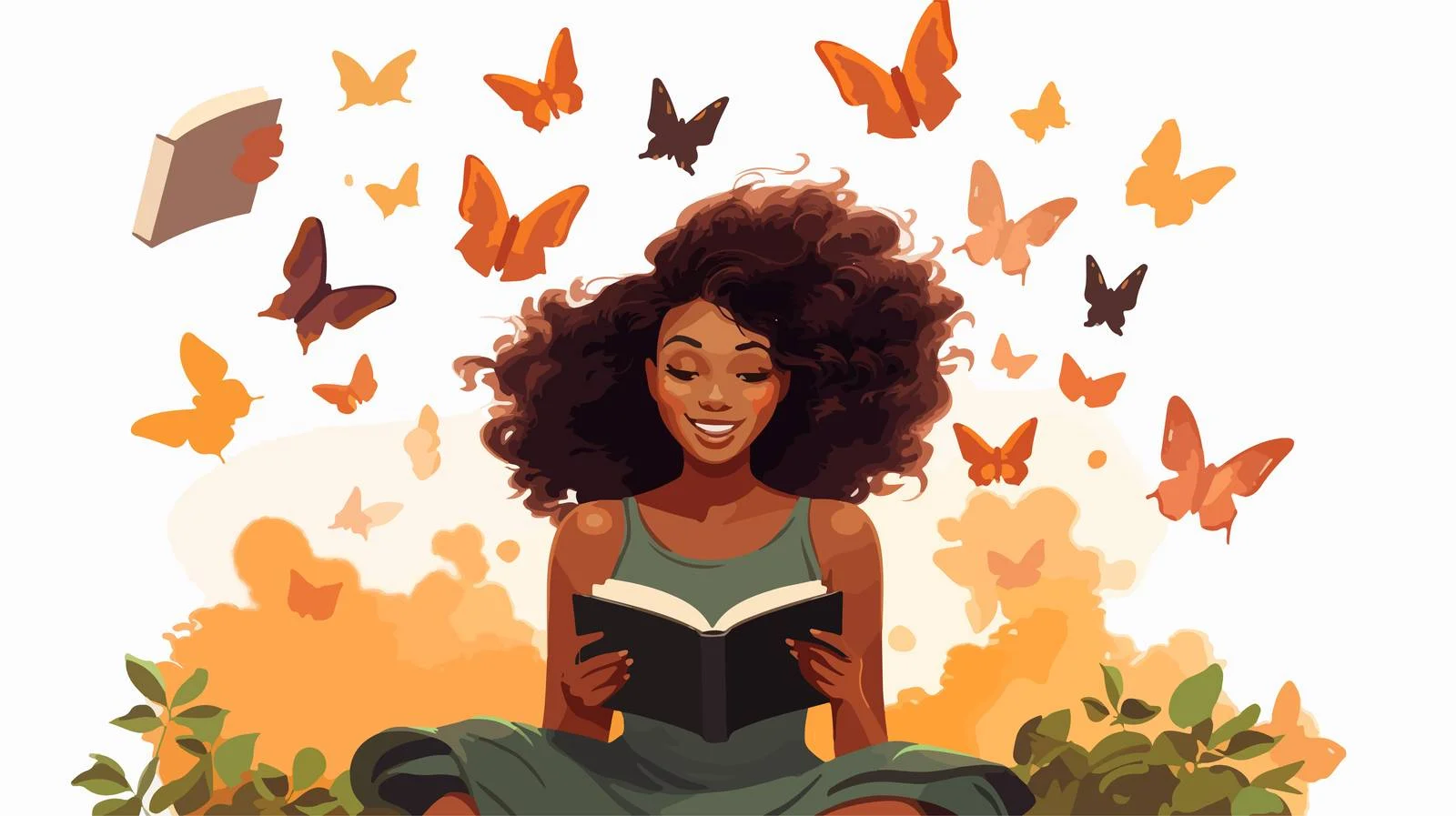 Cheerful African American woman enjoying fiction novel — free download from Dotvec
