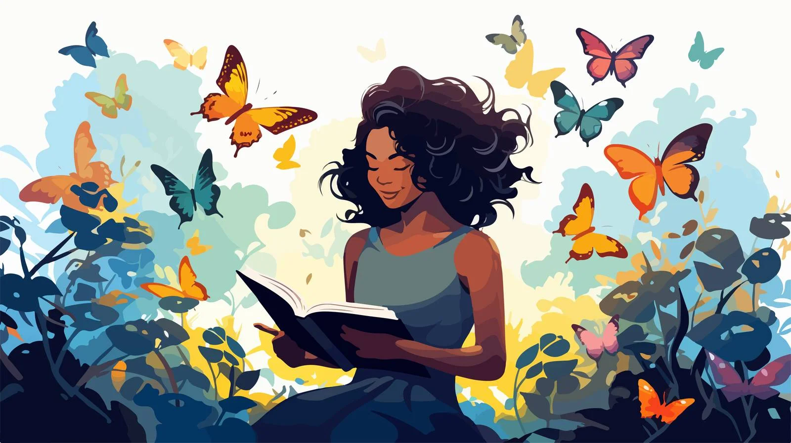 Joyful black woman engrossed in fiction — free download from Dotvec