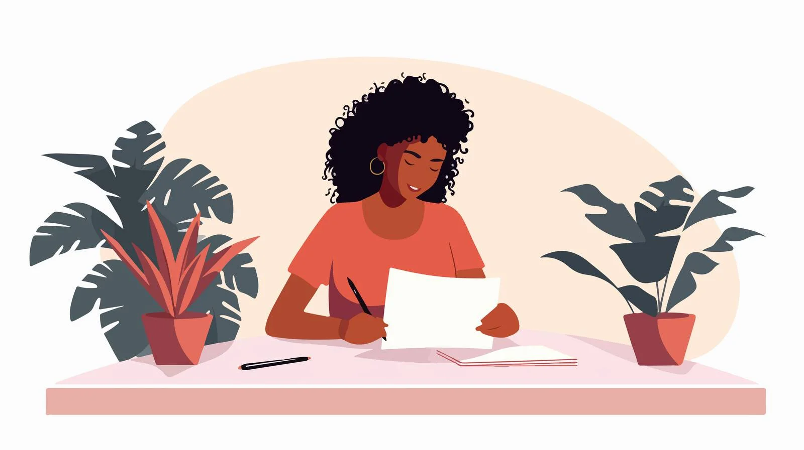 Joyful black lady writing on table — free download from Dotvec