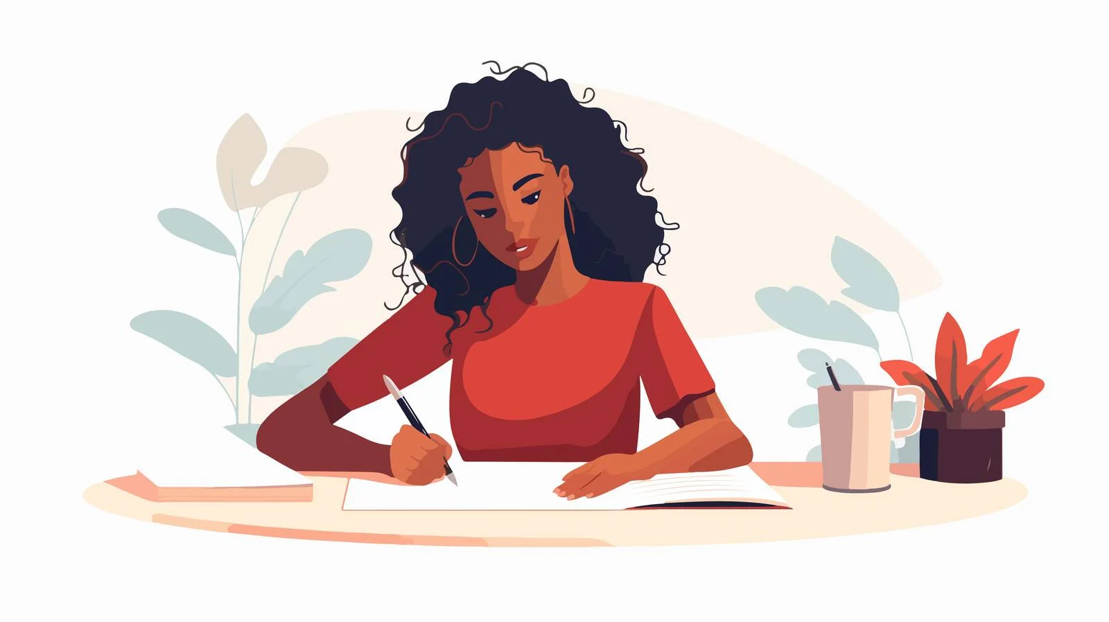 Cheerful black woman writing paper on table — free download from Dotvec