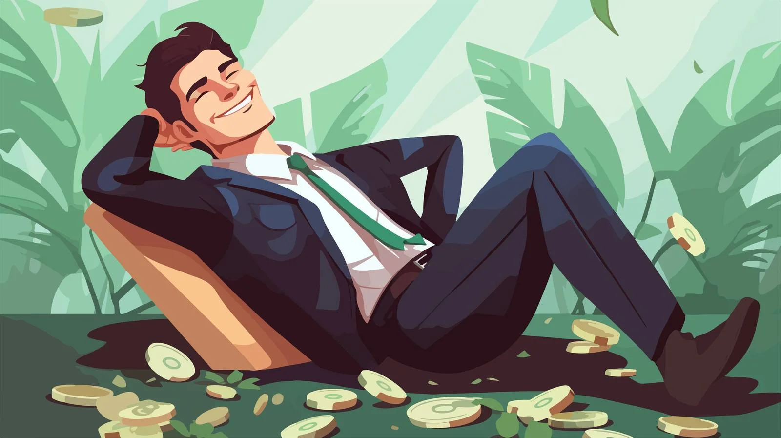 Wealthy businessman relaxing on cash pile — free download from Dotvec