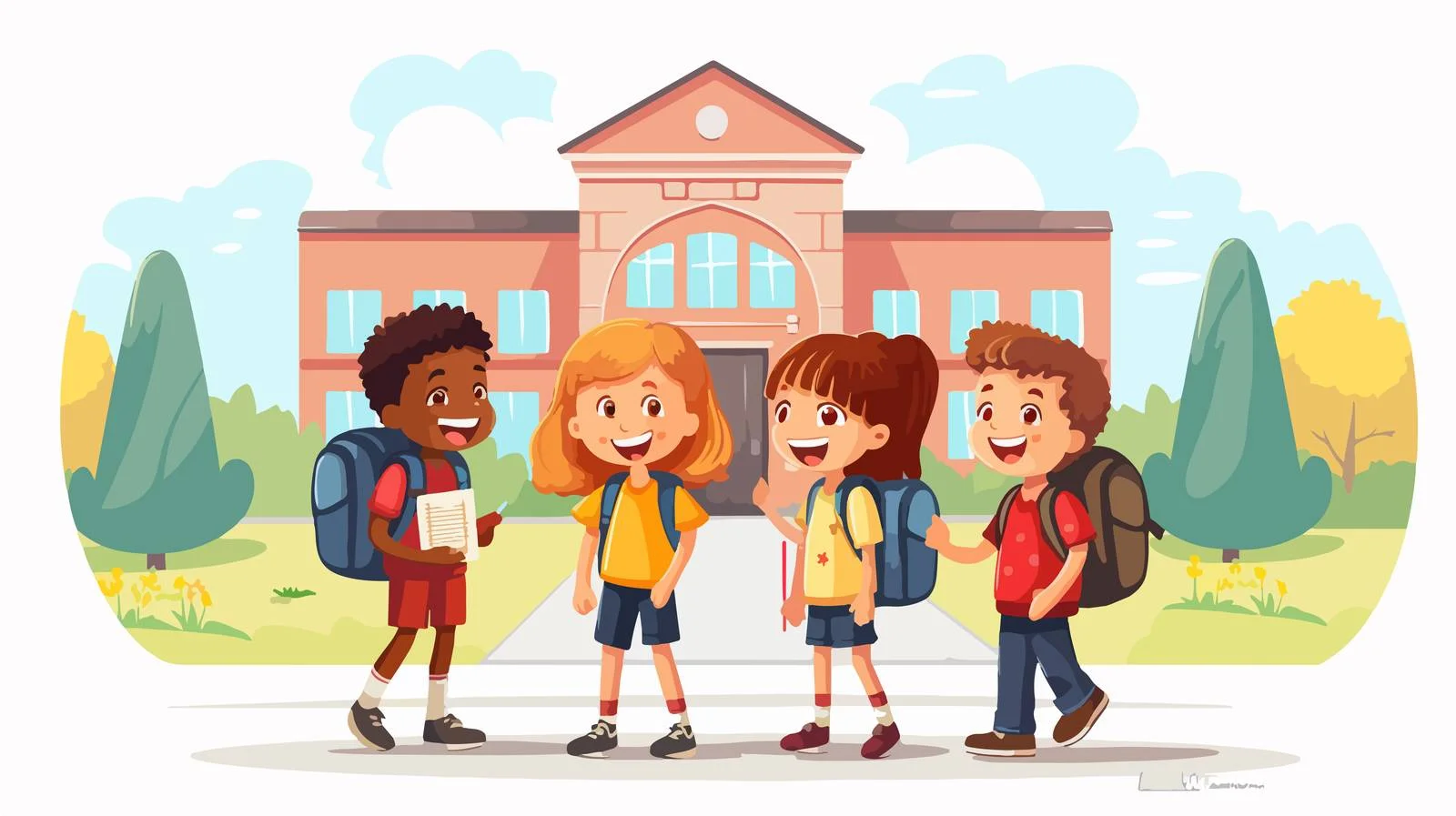 Cheerful kids gathering by school building — free download from Dotvec