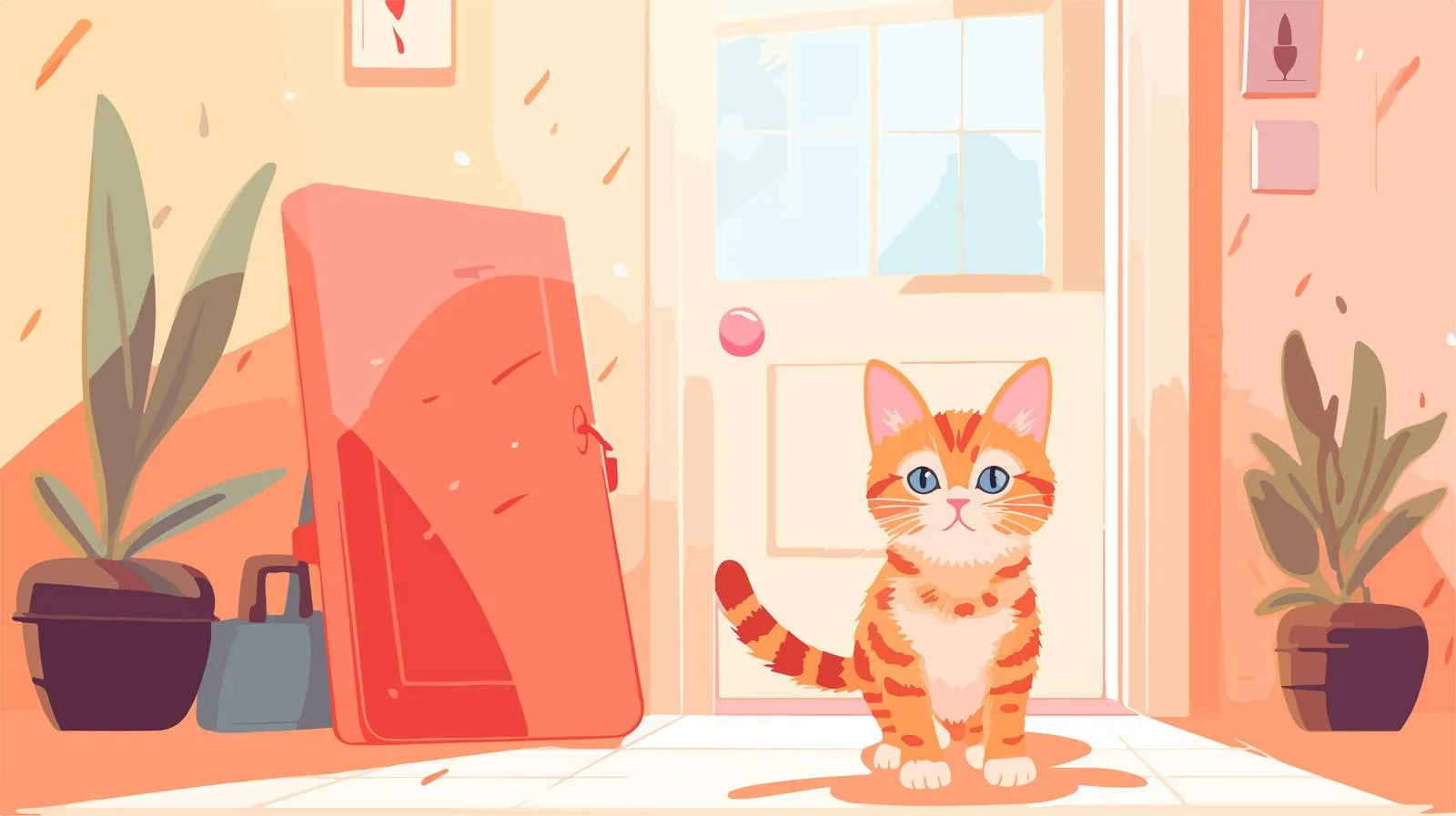 Cheerful adorable kitty exiting miniature pet enclosure — free download from Dotvec