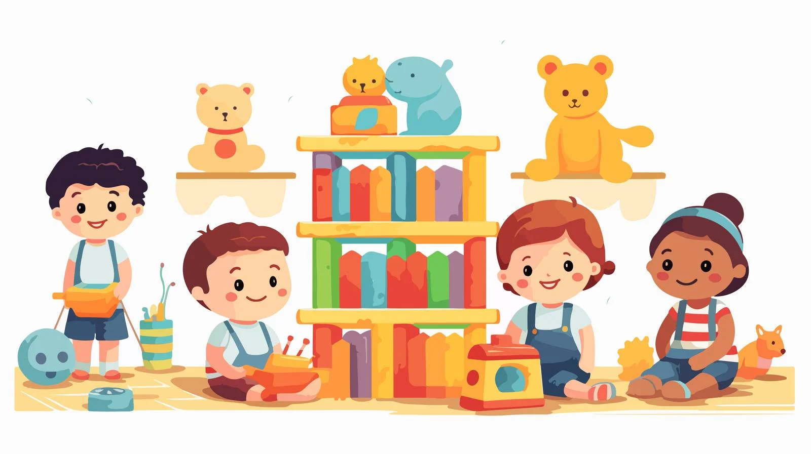 Joyful child playing with assorted toys — free download from Dotvec