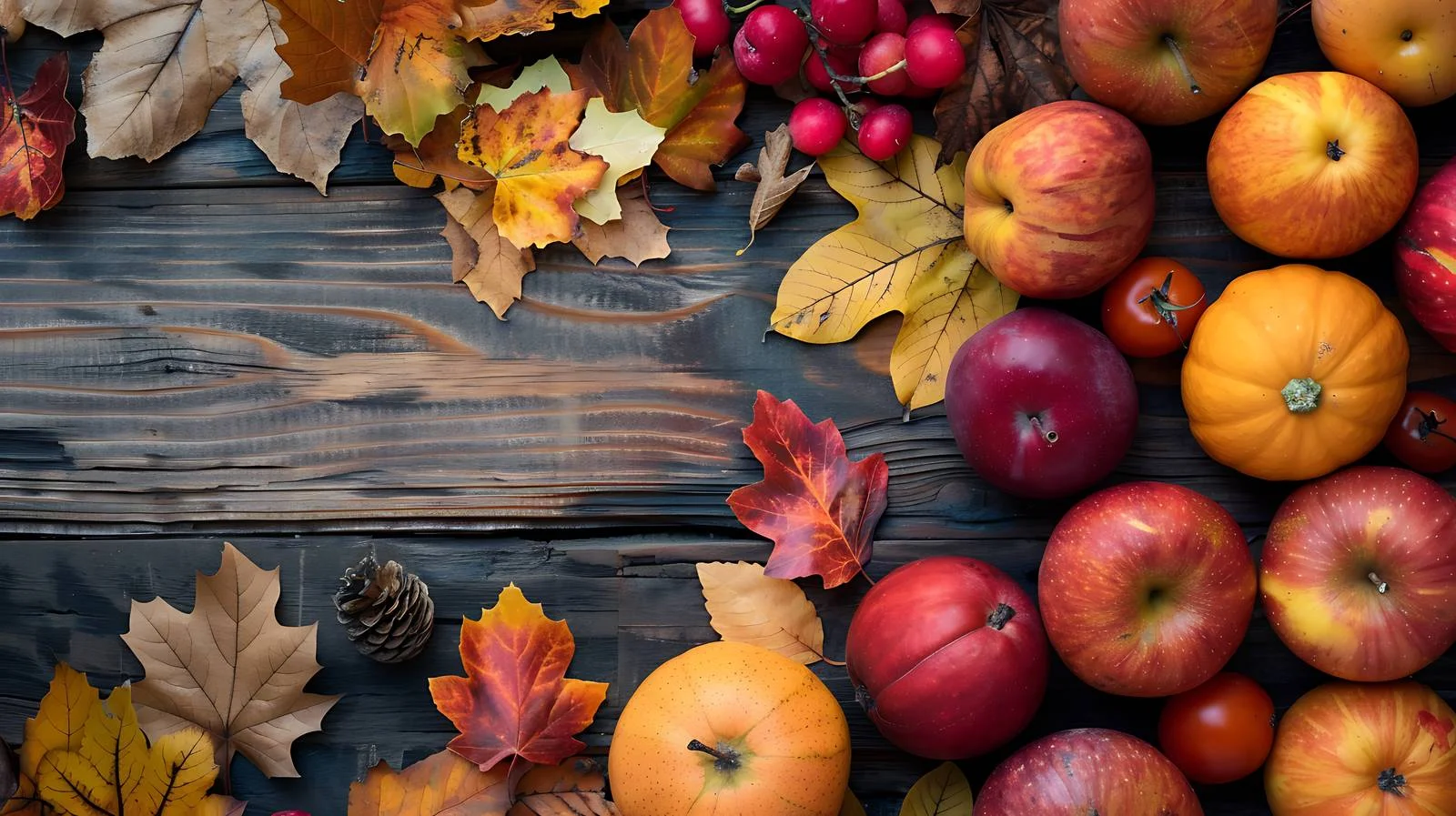Harvested fruits and leaves on wooden surface — free download from Dotvec