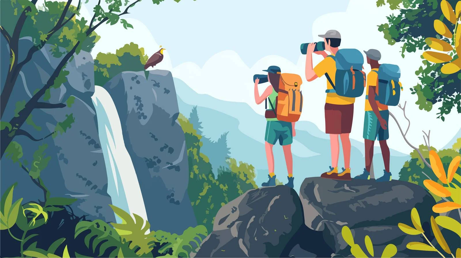 Hikers using binoculars on rocky terrain — free download from Dotvec