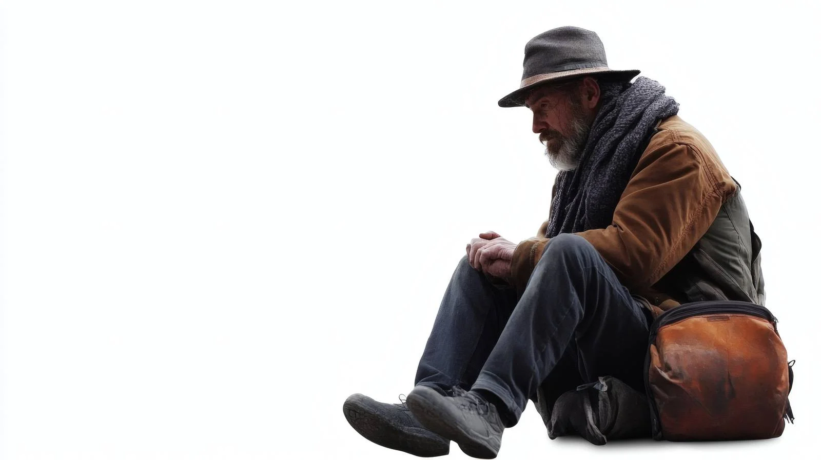 Urban homeless man sitting on pavement — free download from Dotvec