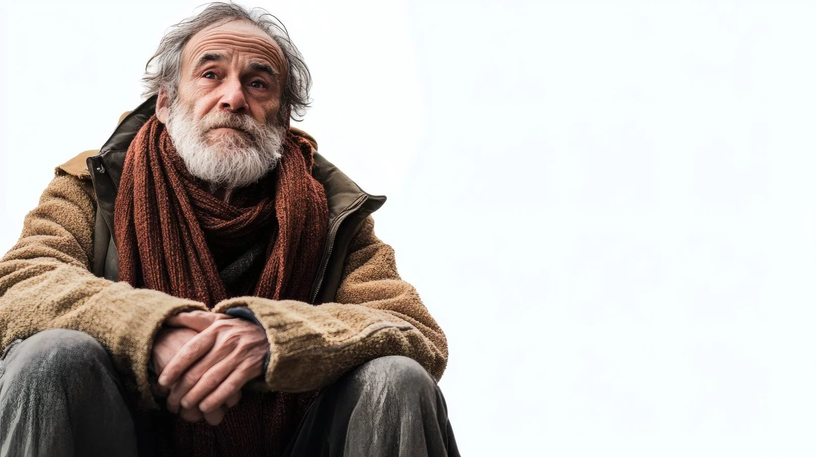 Elderly homeless man sitting on urban sidewalk — free download from Dotvec