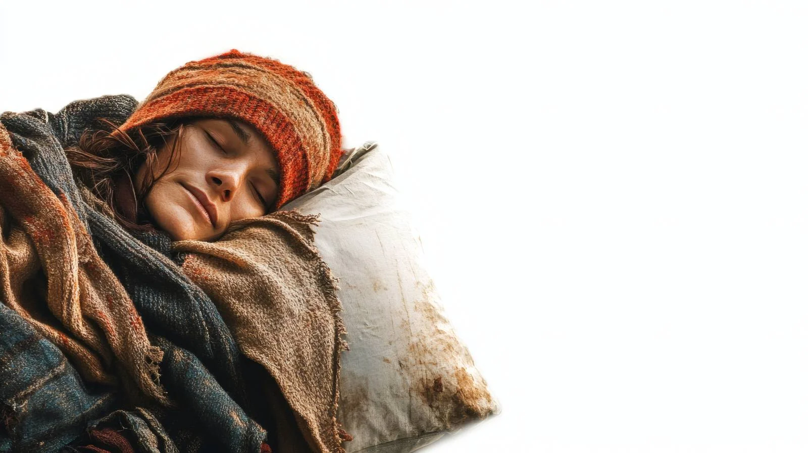 Vulnerable homeless lady lying outdoors on white — free download from Dotvec