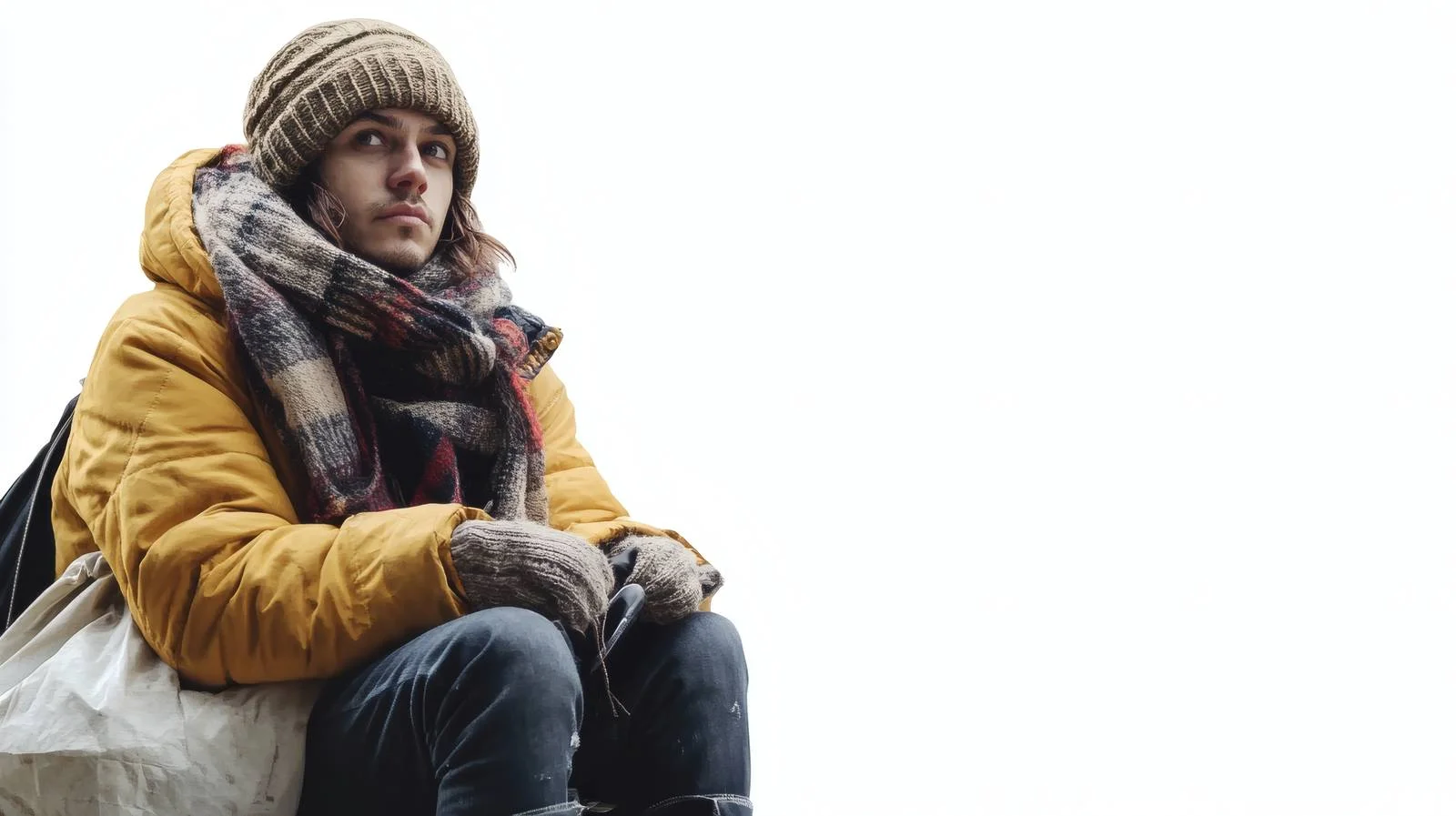 Desolate lady seated on urban pavement — free download from Dotvec