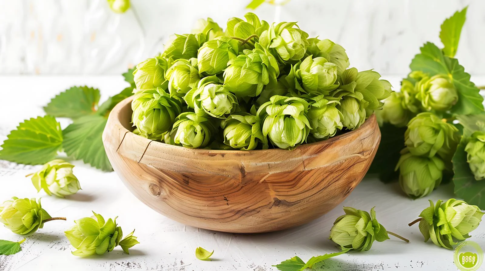 Fresh green hops in wooden bowl — free download from Dotvec