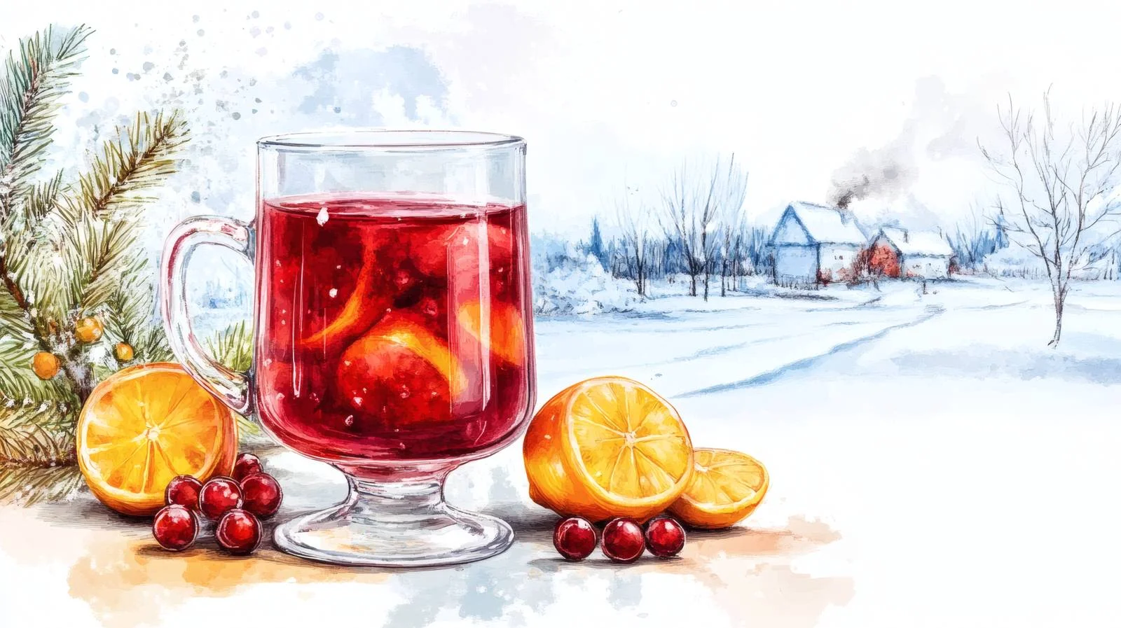 Winter landscape ambiance with hot mulled wine — free download from Dotvec